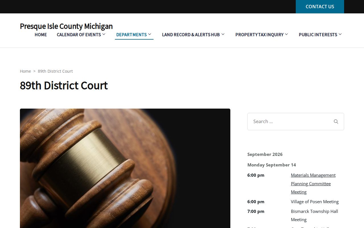 Presque Isle County warrant records reference showing the 89th District Court contact page