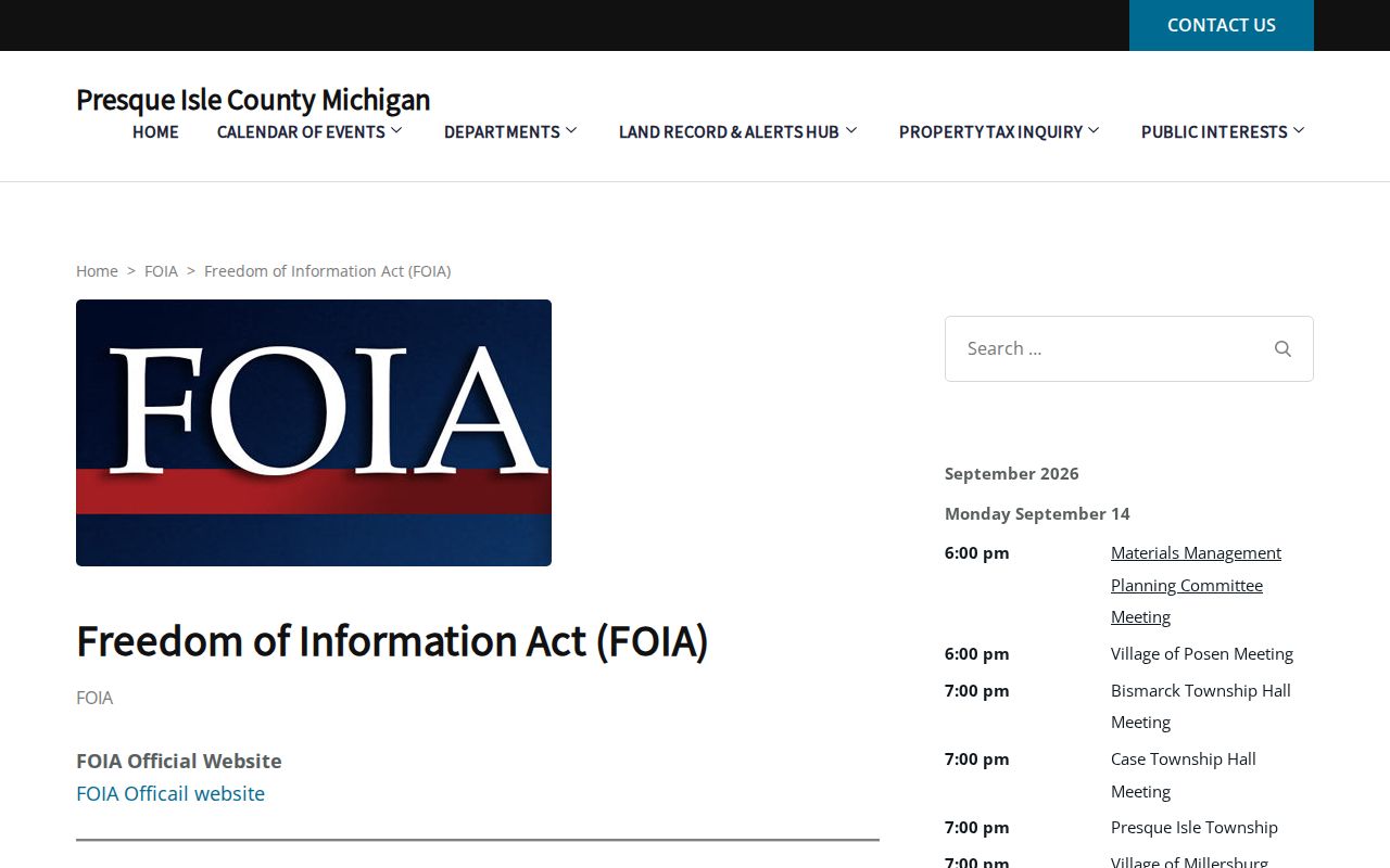 Presque Isle County city court warrant records reference showing the county FOIA request page
