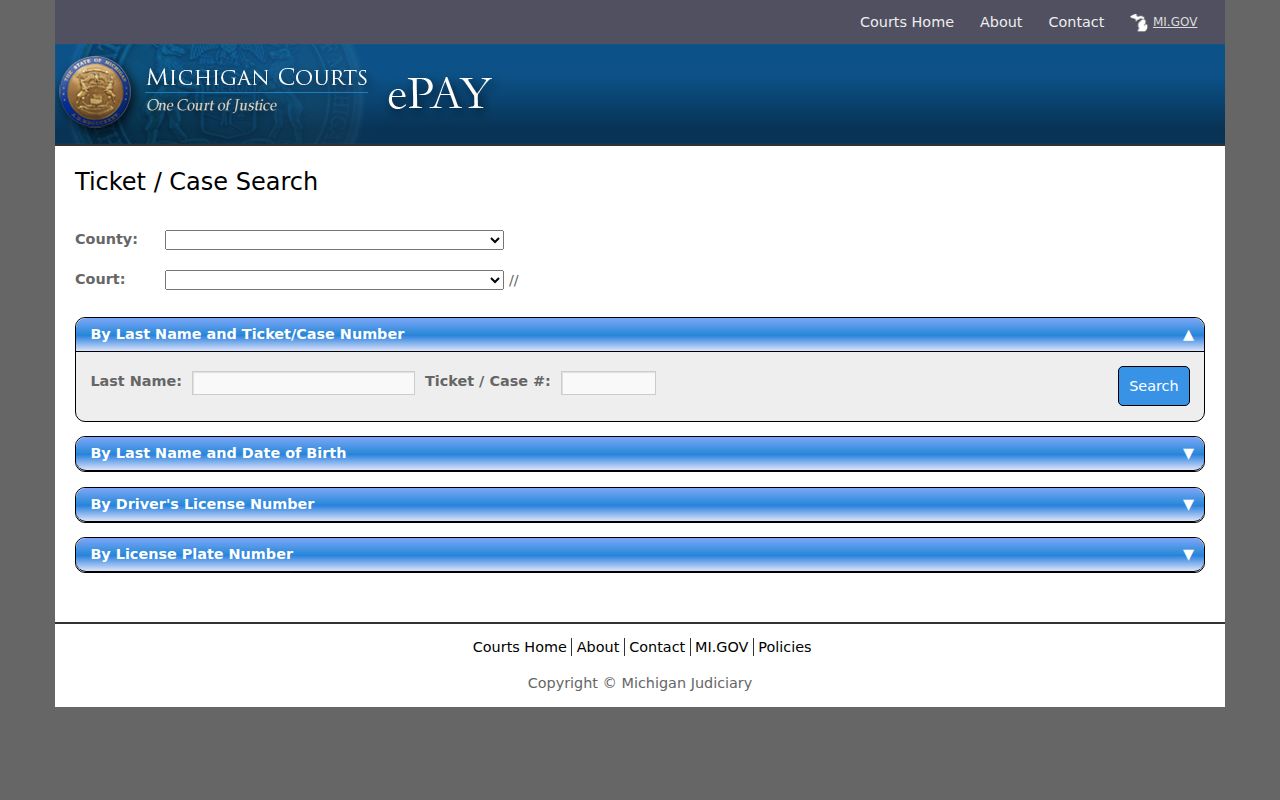 Presque Isle County traffic warrant records reference showing the Michigan ePAY ticket and case search fields