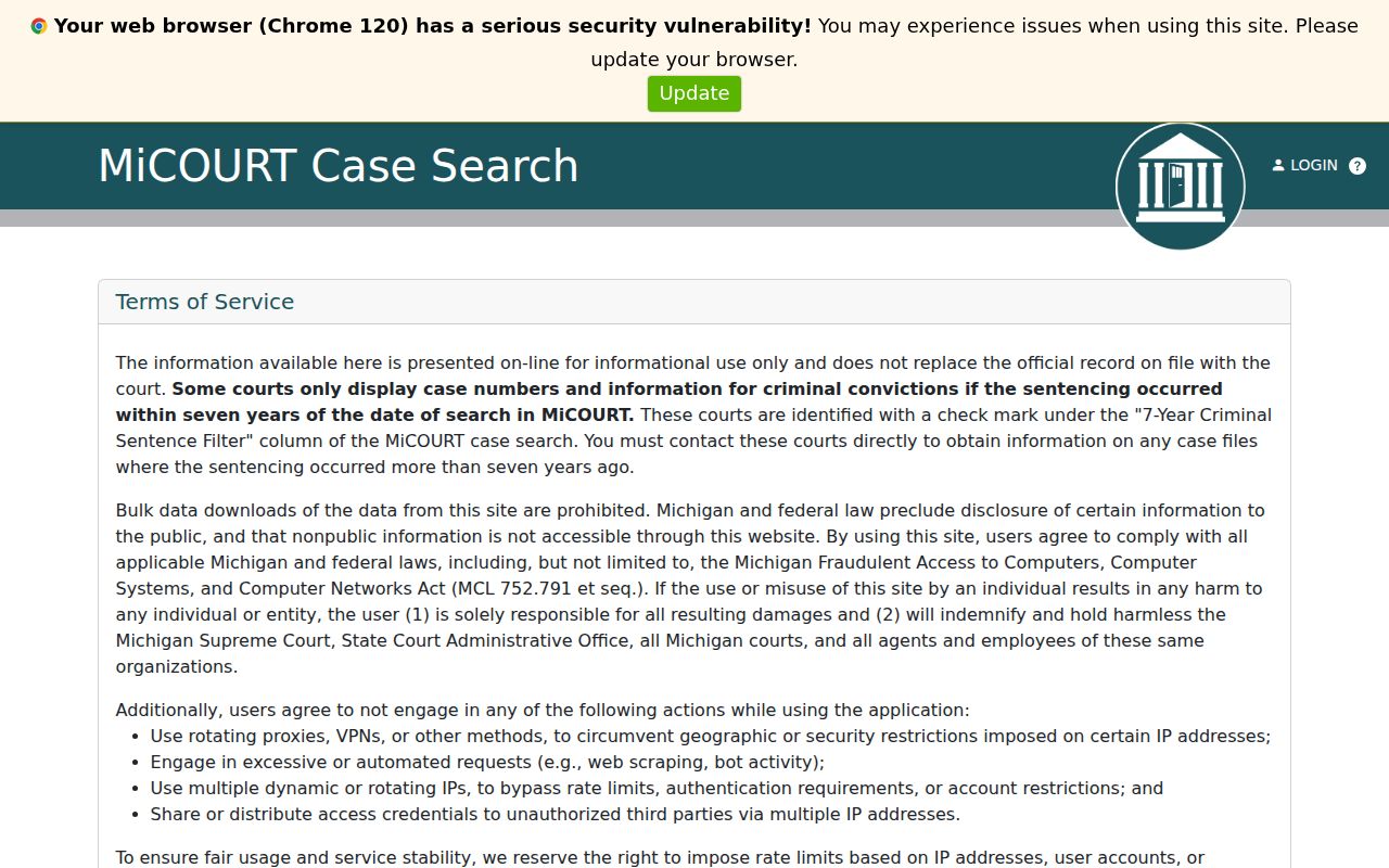 Presque Isle County active warrant records reference showing the MiCOURT circuit-court case search