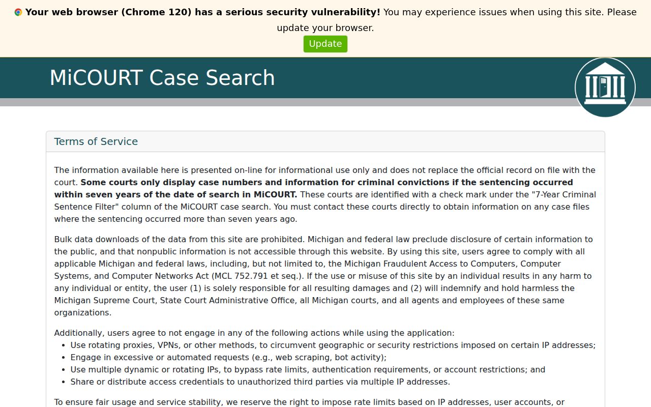 Presque Isle County warrant records reference showing the MiCOURT public case search notice