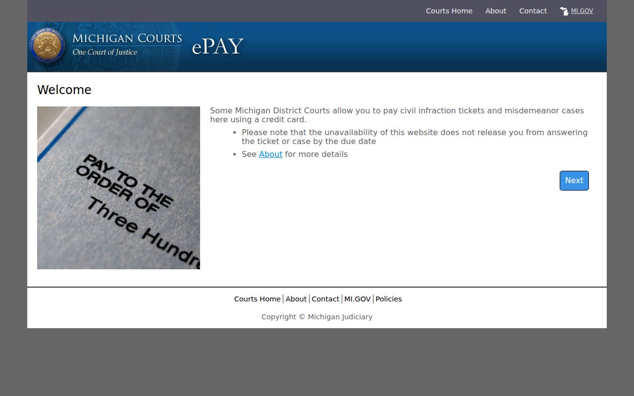 Presque Isle County city court warrant records reference showing the Michigan eCourts and ePAY landing page