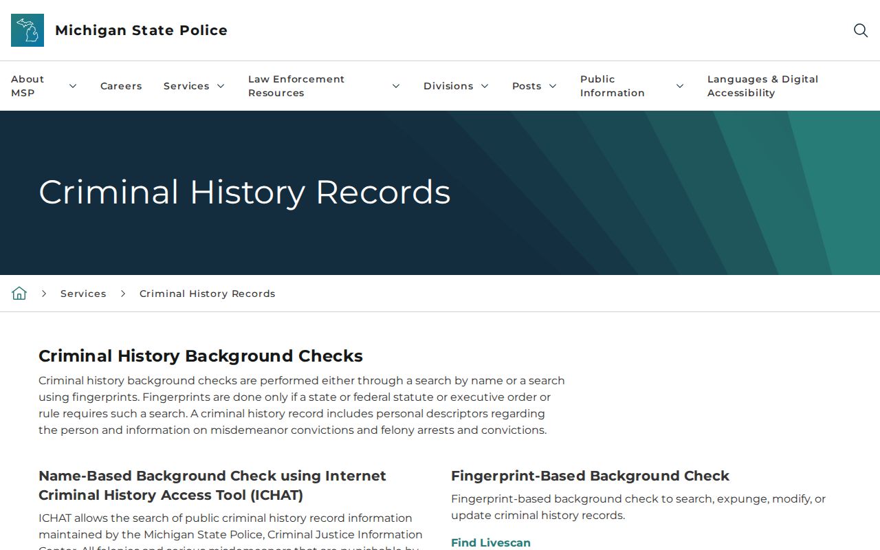Presque Isle County most wanted records reference showing the Michigan State Police criminal history page