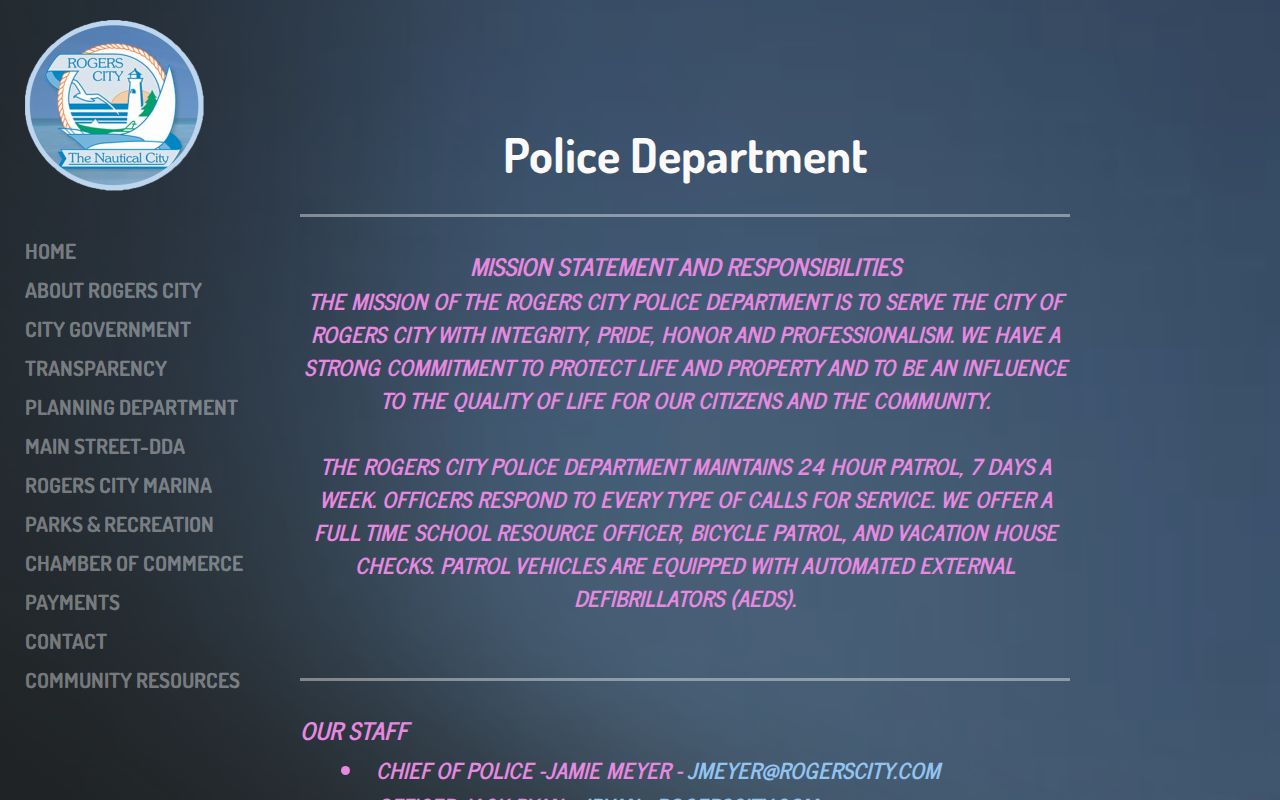 Rogers City warrant records reference showing the city police department page