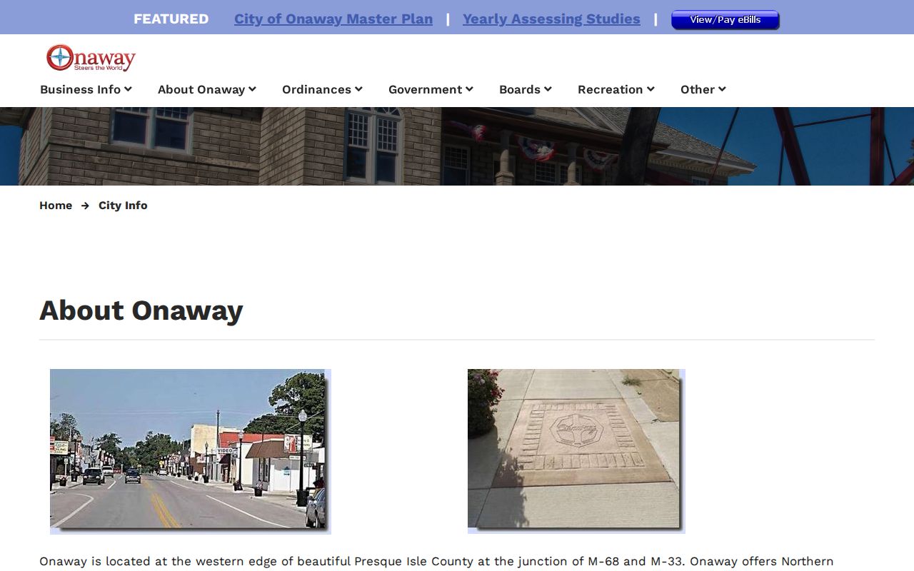 Onaway warrant records reference showing the city municipal contact page
