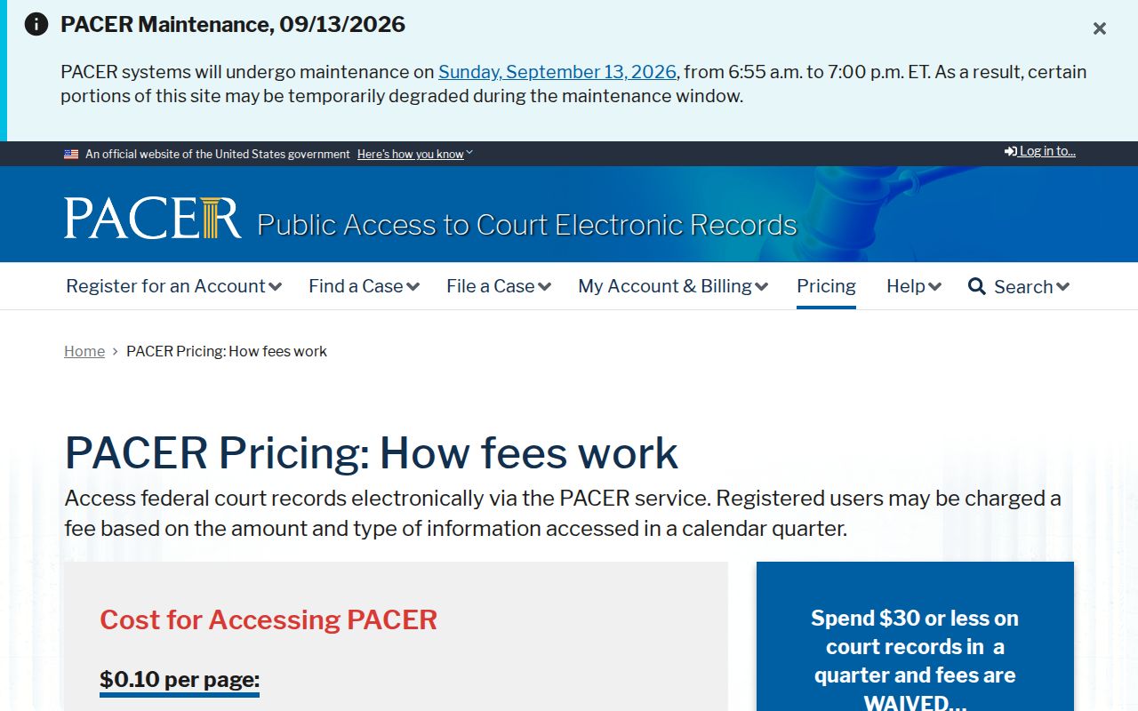 Presque Isle County warrant records reference showing the PACER search and fee explanation page